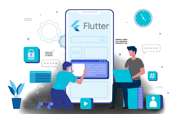 An illustration showcasing Flutter development. The image includes a computer screen displaying Flutter code and a Flutter logo.